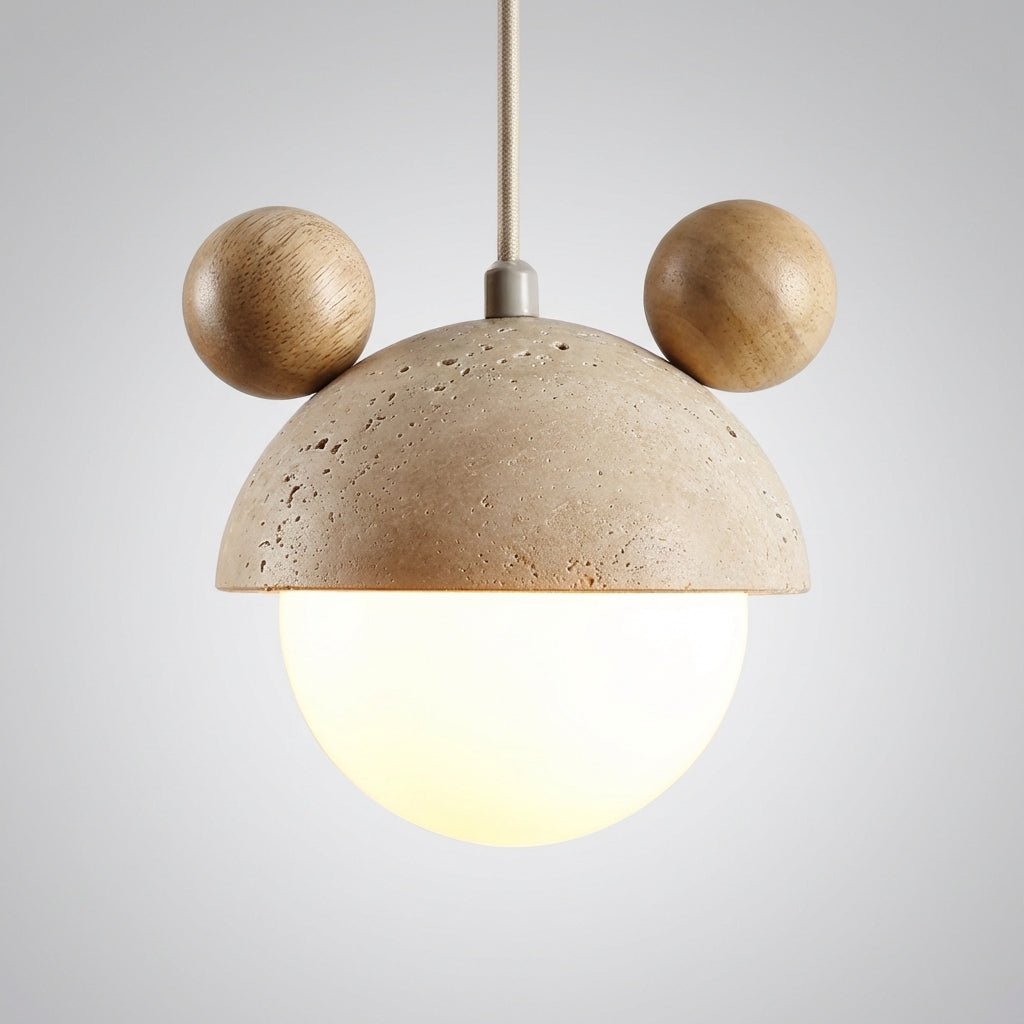 Hanging lamp featuring a warm LED light and a natural travertine finish, showcasing a playful minimalist design perfect for modern interiors. 0